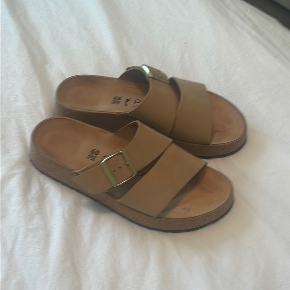 Tan Slide Sandals with Buckle
